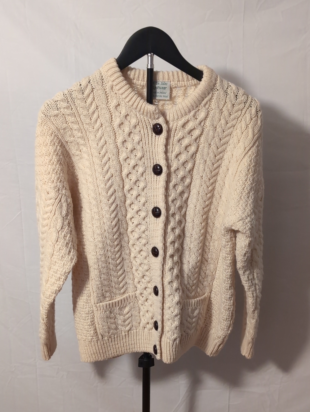 Vintage Aran Isles Knitwear Merino Wool Cardigan Sweater Small Made in Ireland